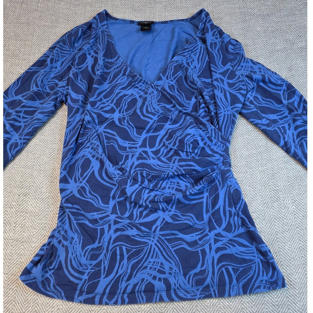 Ann Taylor Blue Abstract Swirl Wrap Surplice Ruched Top 3/4 Sleeve Large